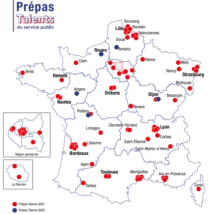 Figura 1. Ubicación geográfica de las clases prépas talents (2021-2022). Fuente: https://www.transformation.gouv.fr/la-ministre/actualite/decouvrez-les-prepas-talents-pres-de-chez-vous
(fecha de acceso: 1 de septiembre de 2021)