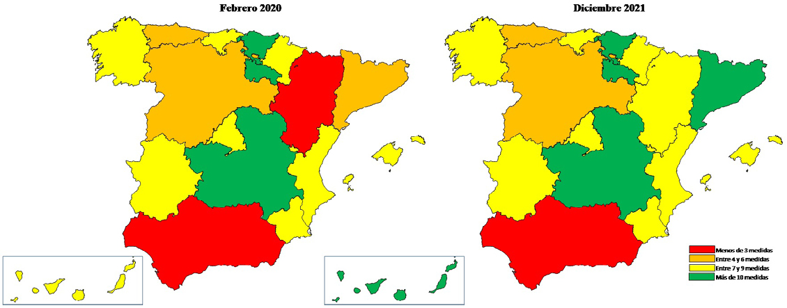 Mapa 1. Grado de correspondencia de las políticas de contención del suicidio en las CC.AA (febrero 2020-diciembre 2021) de acuerdo a los criterios de la OMS