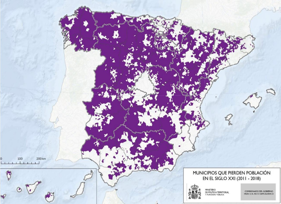 Figura 1. Mapa de municipios en España que perdieron población